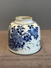 A Chinese blue and white bell-shaped water pot with birds among flowering branches, Kangxi