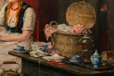 Edward Portielje (1861-1949): Seamstresses in a kitchen, oil on canvas, signed