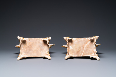 A pair of Japanese Satsuma 'Shimazu Mon' vases on elephant-form feet, Meiji, 19th C.