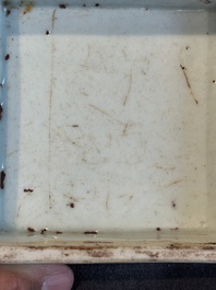 A Chinese blue and white square 'lotus scroll' box and cover, Qianlong