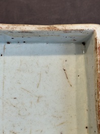 A Chinese blue and white square 'lotus scroll' box and cover, Qianlong