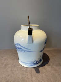 A fine Chinese blue and white 'Bleu de Hue' 'landscape' ewer with bronze mount, Chenghua mark, 18/19th C.