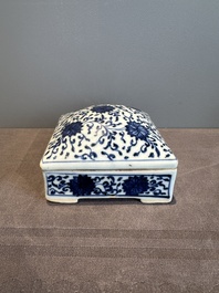 A Chinese blue and white square 'lotus scroll' box and cover, Qianlong