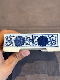 A Chinese blue and white square 'lotus scroll' box and cover, Qianlong