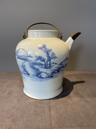 A fine Chinese blue and white 'Bleu de Hue' 'landscape' ewer with bronze mount, Chenghua mark, 18/19th C.