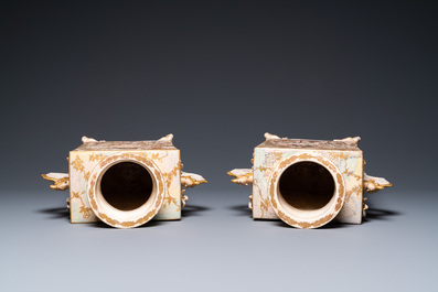 A pair of Japanese Satsuma 'Shimazu Mon' vases on elephant-form feet, Meiji, 19th C.