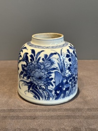 A Chinese blue and white bell-shaped water pot with birds among flowering branches, Kangxi
