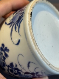 A Chinese blue and white bell-shaped water pot with birds among flowering branches, Kangxi