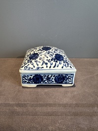 A Chinese blue and white square 'lotus scroll' box and cover, Qianlong