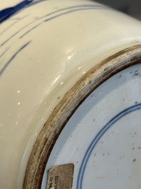A Chinese blue and white rouleau vase with fishermen in a landscape, Kangxi