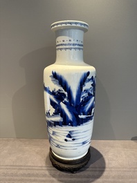 A Chinese blue and white rouleau vase with fishermen in a landscape, Kangxi