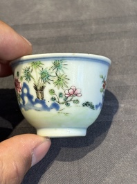 A pair of Chinese famille rose 'chicken' cups, Qianlong mark and of the period