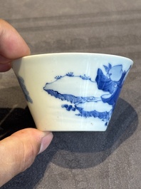Two Chinese blue and white cups and three saucers with figural design, Kangxi and later