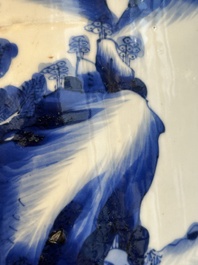 A Chinese blue and white rouleau vase with fishermen in a landscape, Kangxi
