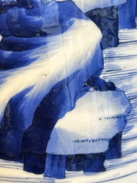 A Chinese blue and white rouleau vase with fishermen in a landscape, Kangxi
