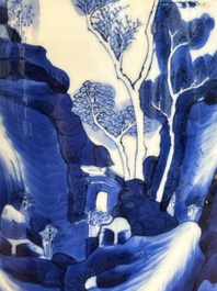 A Chinese blue and white rouleau vase with fishermen in a landscape, Kangxi