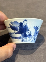 Two Chinese blue and white cups and three saucers with figural design, Kangxi and later