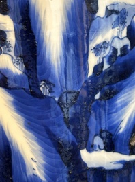 A Chinese blue and white rouleau vase with fishermen in a landscape, Kangxi