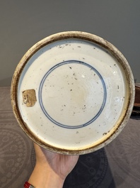 A Chinese blue and white rouleau vase with fishermen in a landscape, Kangxi