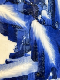 A Chinese blue and white rouleau vase with fishermen in a landscape, Kangxi