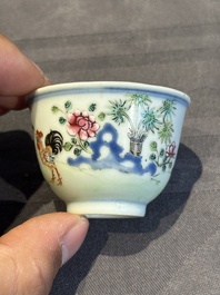 A pair of Chinese famille rose 'chicken' cups, Qianlong mark and of the period
