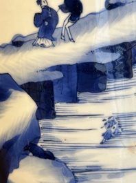 A Chinese blue and white rouleau vase with fishermen in a landscape, Kangxi
