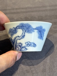 Two Chinese blue and white cups and three saucers with figural design, Kangxi and later