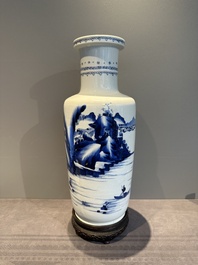 A Chinese blue and white rouleau vase with fishermen in a landscape, Kangxi