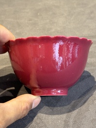 A pair of Chinese ruby-glazed bowls, Qianlong mark, 19/20th C.