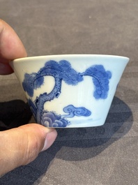 Two Chinese blue and white cups and three saucers with figural design, Kangxi and later