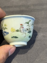 A pair of Chinese famille rose 'chicken' cups, Qianlong mark and of the period