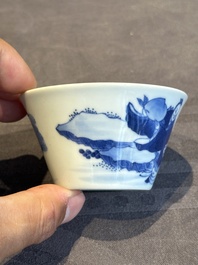 Two Chinese blue and white cups and three saucers with figural design, Kangxi and later