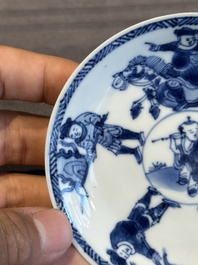 Two Chinese blue and white cups and three saucers with figural design, Kangxi and later