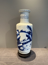 A Chinese blue and white rouleau vase with fishermen in a landscape, Kangxi