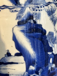 A Chinese blue and white rouleau vase with fishermen in a landscape, Kangxi