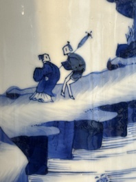 A Chinese blue and white rouleau vase with fishermen in a landscape, Kangxi