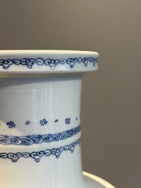 A Chinese blue and white rouleau vase with fishermen in a landscape, Kangxi