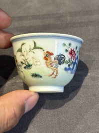 A pair of Chinese famille rose 'chicken' cups, Qianlong mark and of the period