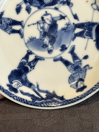 Two Chinese blue and white cups and three saucers with figural design, Kangxi and later