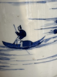 A Chinese blue and white rouleau vase with fishermen in a landscape, Kangxi