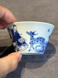 Two Chinese blue and white cups and three saucers with figural design, Kangxi and later