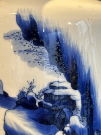 A Chinese blue and white rouleau vase with fishermen in a landscape, Kangxi