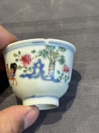 A pair of Chinese famille rose 'chicken' cups, Qianlong mark and of the period