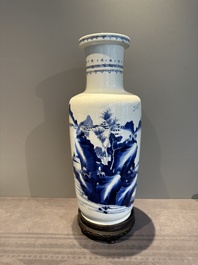 A Chinese blue and white rouleau vase with fishermen in a landscape, Kangxi