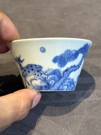 Two Chinese blue and white cups and three saucers with figural design, Kangxi and later
