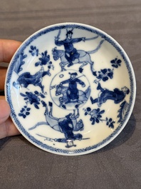 Two Chinese blue and white cups and three saucers with figural design, Kangxi and later