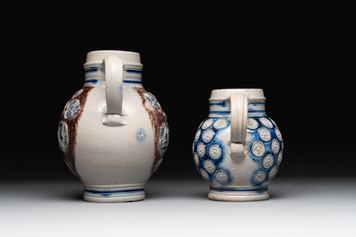 Two globular Westerwald stoneware jugs, Germany, 17/18th C.