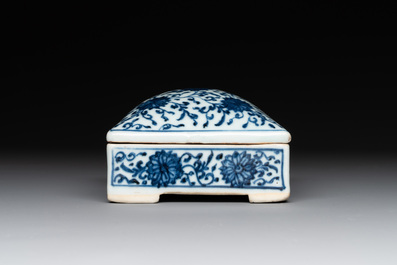 A Chinese blue and white square 'lotus scroll' box and cover, Qianlong