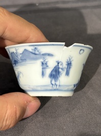 15 Chinese blue and white saucers and 13 cups with figural design, Kangxi/Yongzheng