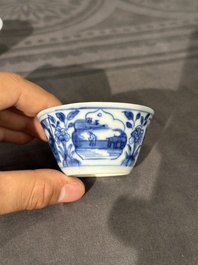 15 Chinese blue and white saucers and 13 cups with figural design, Kangxi/Yongzheng